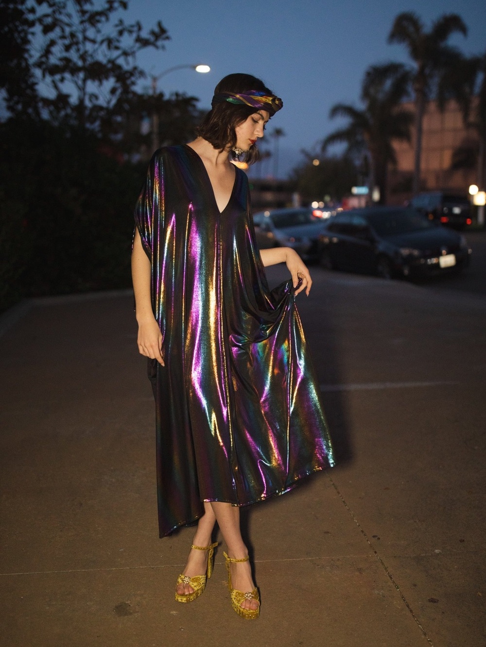 Jennafer Grace Iridescent Black & Multicolored V-Neck Maxi Caftan Dress NWOT